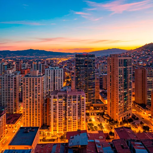Vista aérea moderna del horizonte de la ciudad de La Paz al atardecer